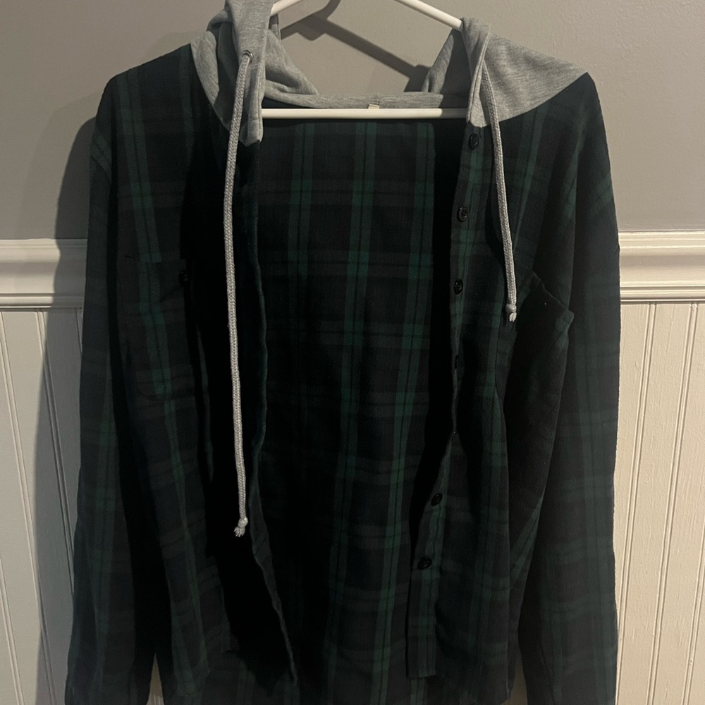 Green and Black Plaid Hoodie Shirt